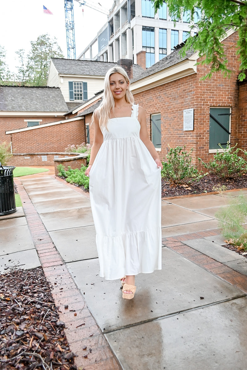 Ruffle Tie Back Maxi Dress- White Refuge Boutique Ruffle Tie Back Maxi Dress- White Refuge Boutique