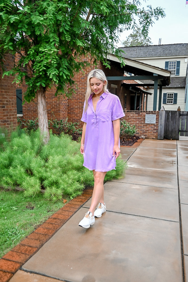fitted lace wedding dress Washed Denim Shirt Dress-Purple Medium
