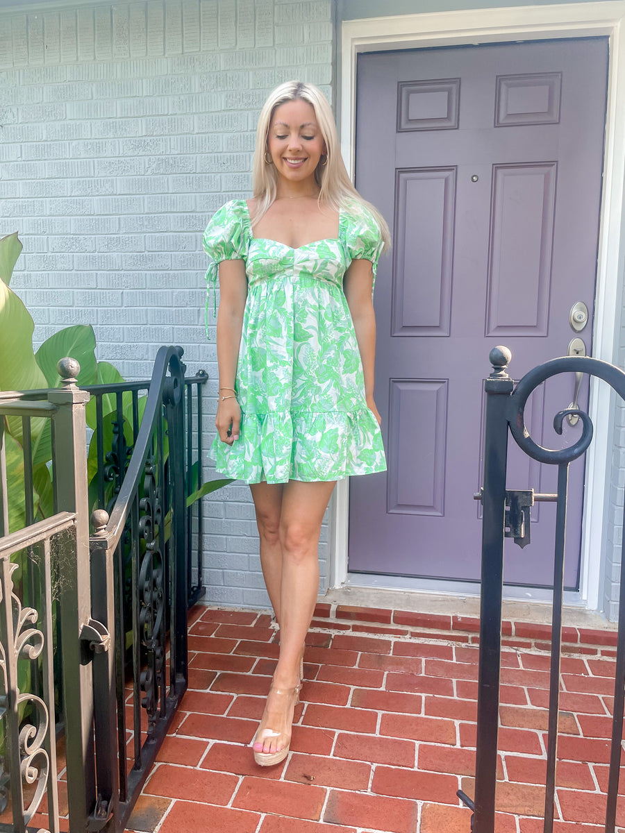 Puff Sleeve Floral Dress- Green/ White Large