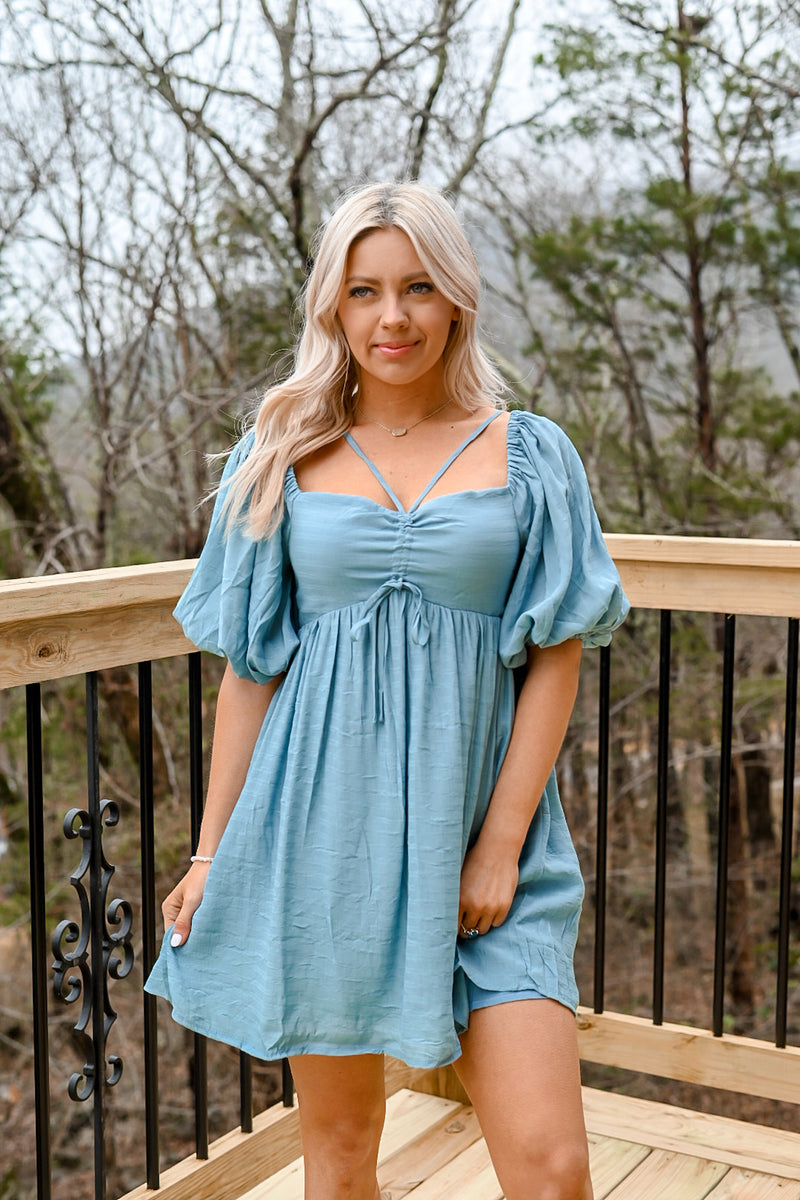 Layla Puff Sleeve Dress- Vintage Blue Layla Puff Sleeve Dress- Vintage Blue