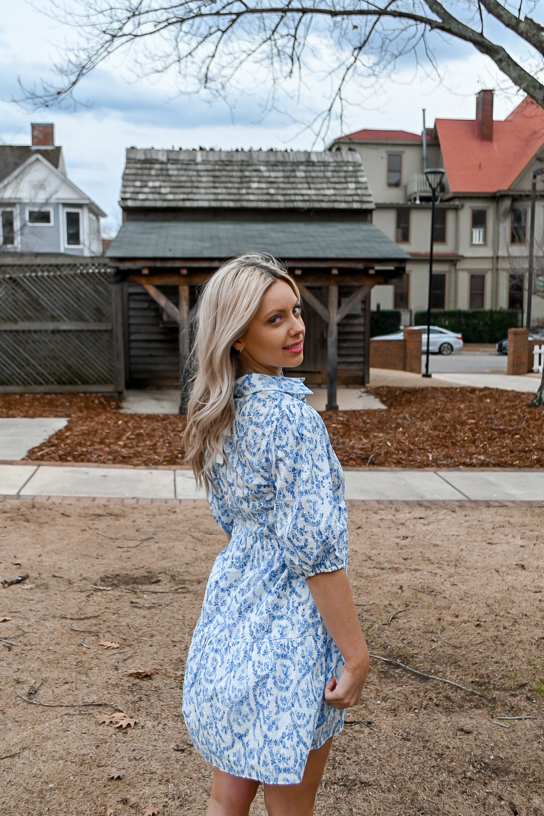 French Floral Dress- Blue/White MEDIUM