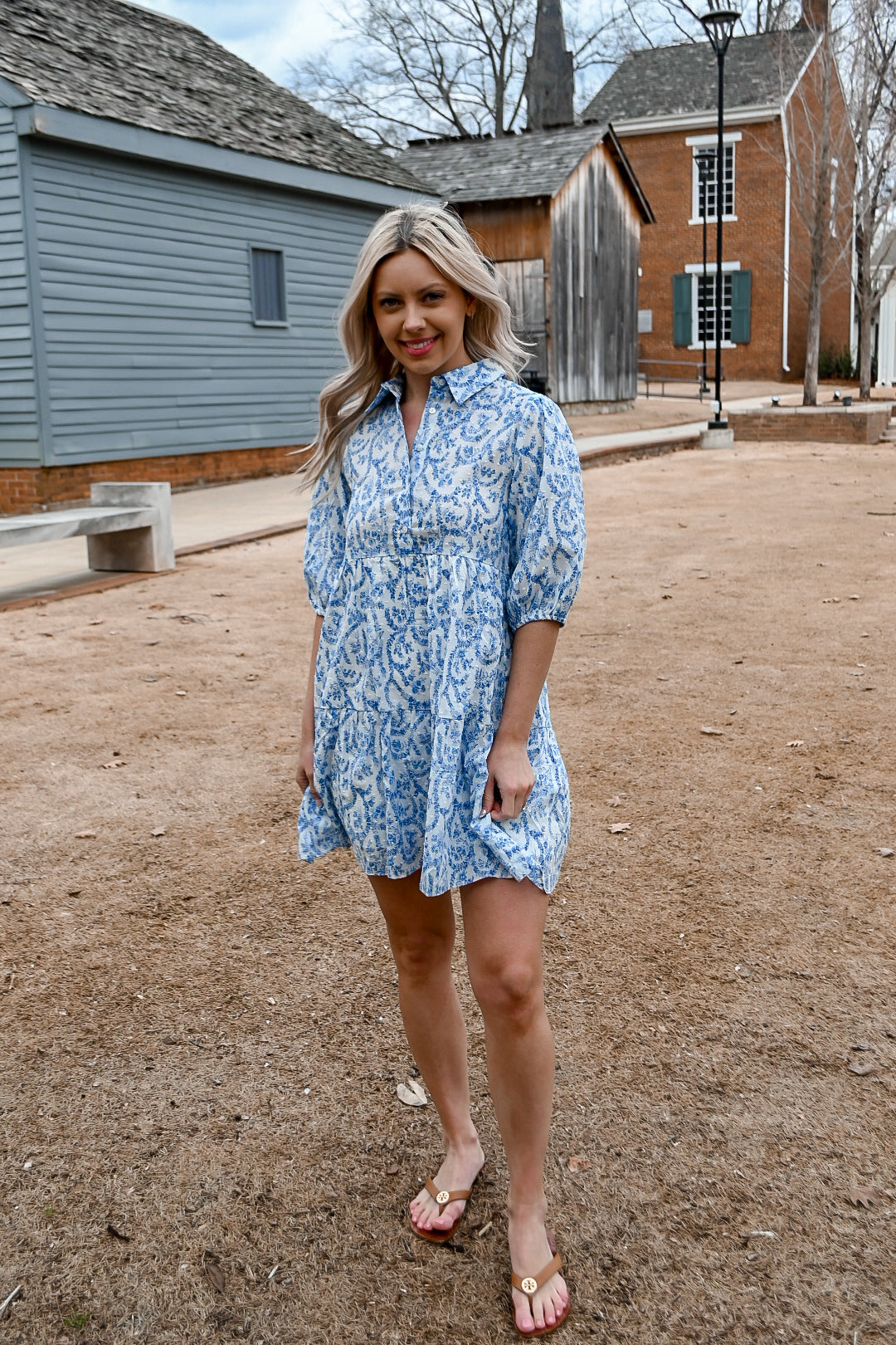 French Floral Dress- Blue/White MEDIUM