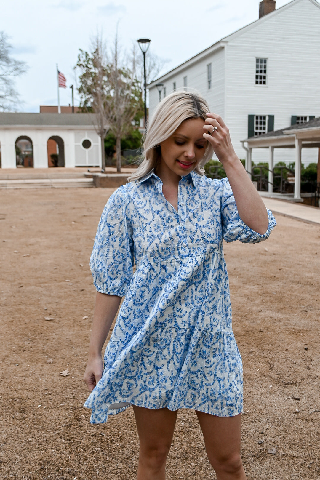 French Floral Dress- Blue/White MEDIUM