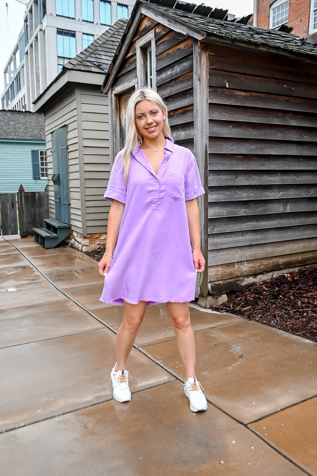 open lace back dress Short Sleeve Washed Denim Dress in Purple M