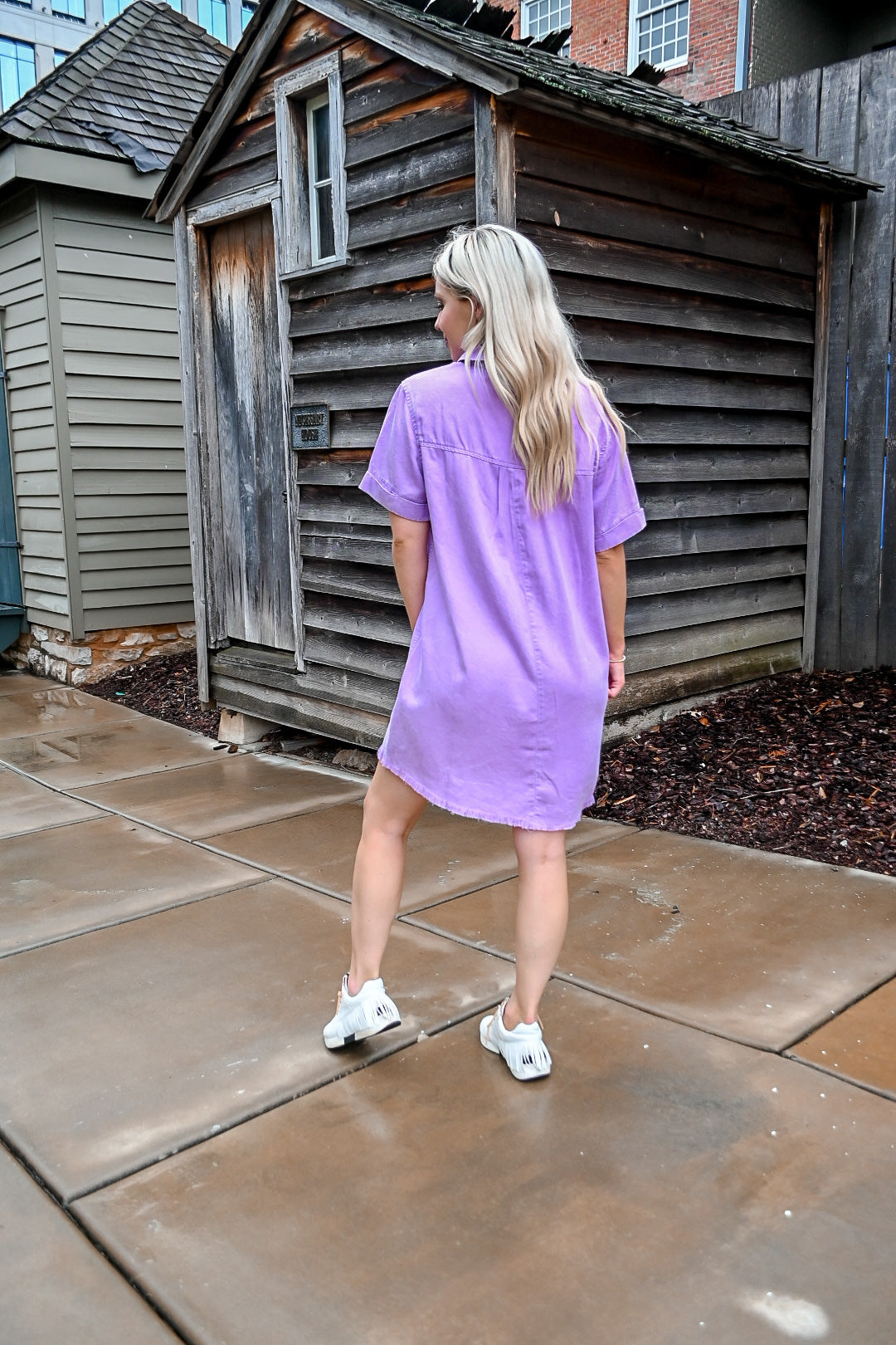 purple denim dress Short Sleeve Washed Denim Dress in Purple M
