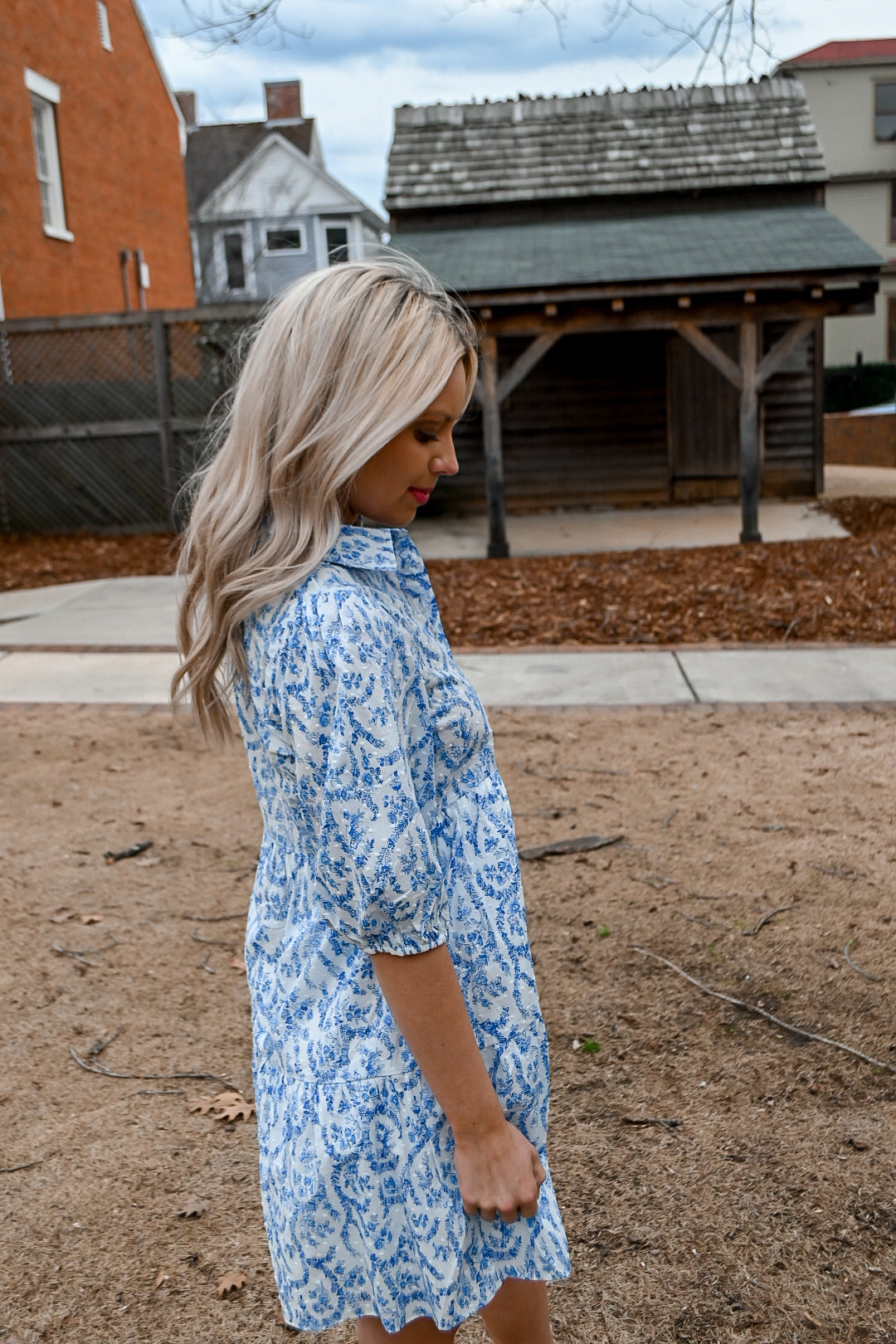 French Floral Dress- Blue/White MEDIUM