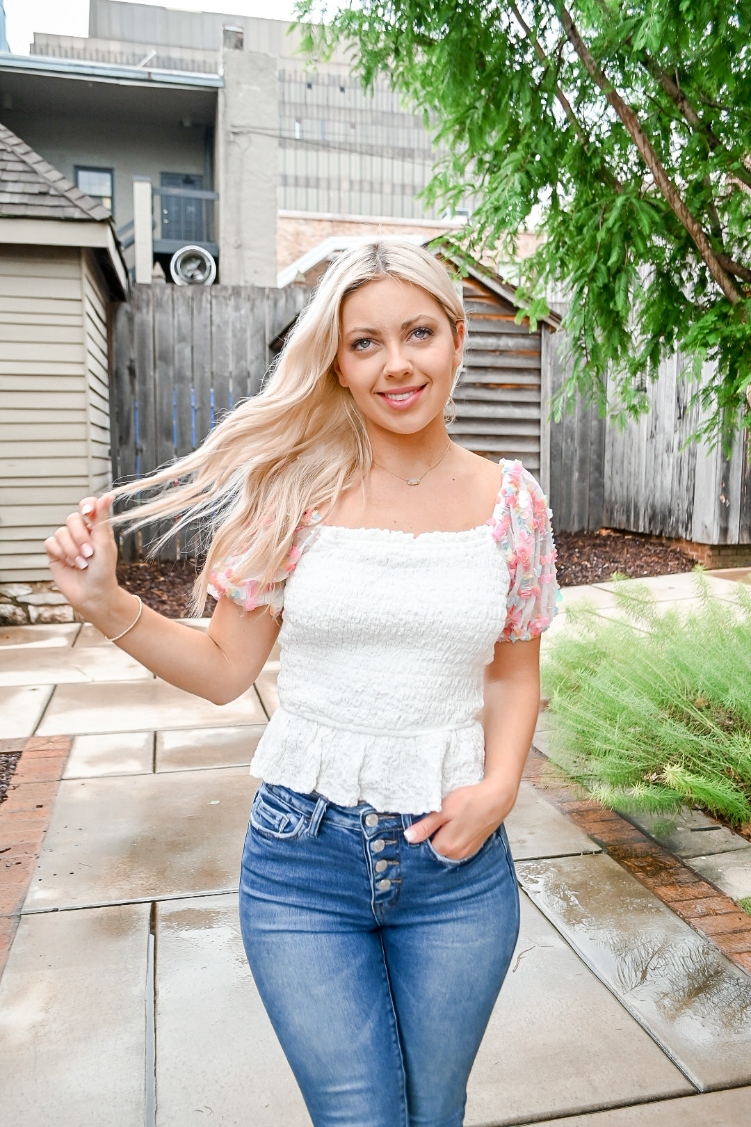 Chloe Embellished Sleeve Smocked Top- IVORY/MIX – Refuge Boutique