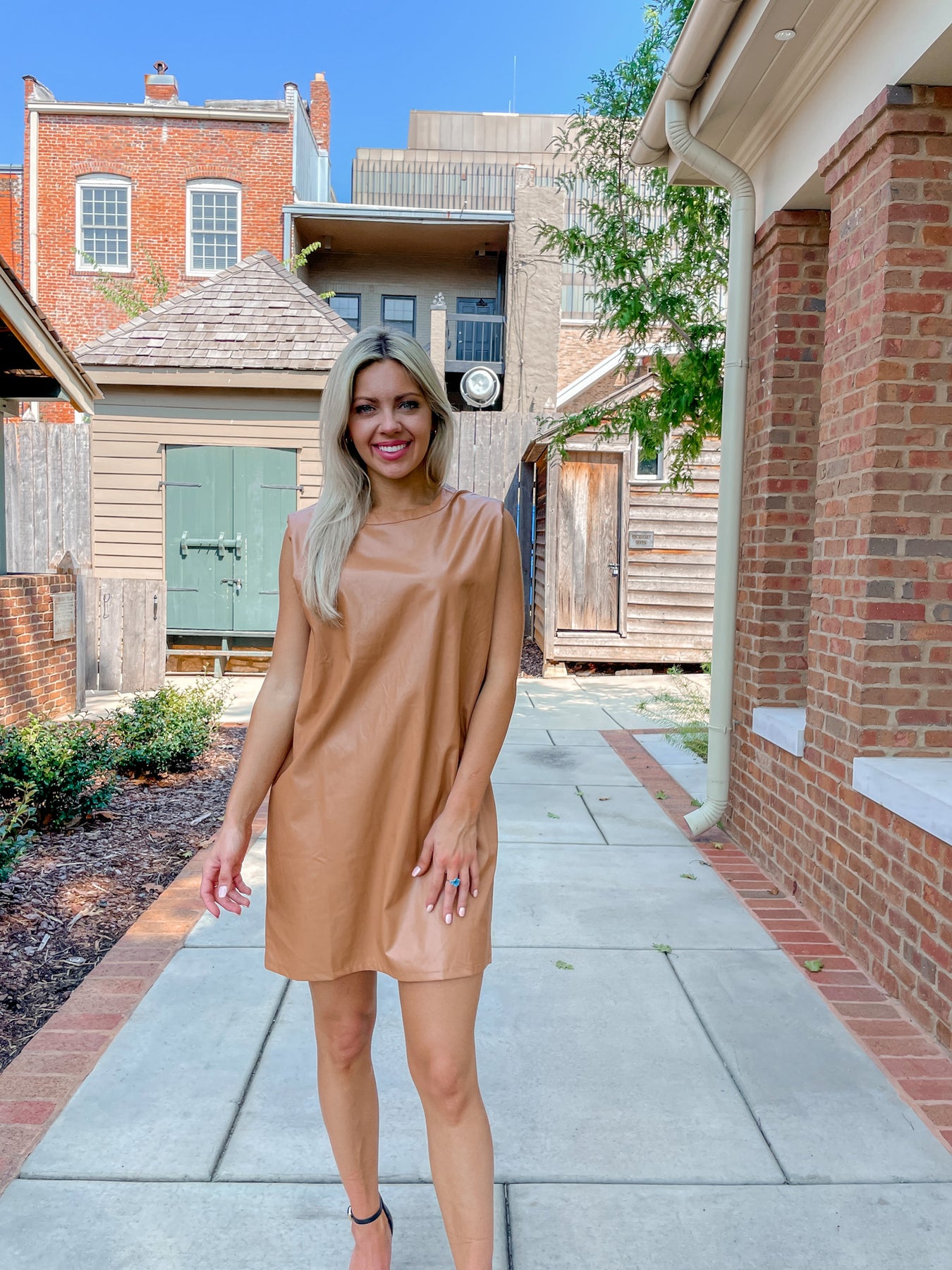 Faux Leather Muscle Tee Dress- Camel M Faux Leather Muscle Tee Dress- Camel M